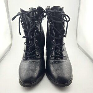 Antonio Melani Black Leather Booties | Size 9.5M | Suede Trim Lace-Up Ankle Boot